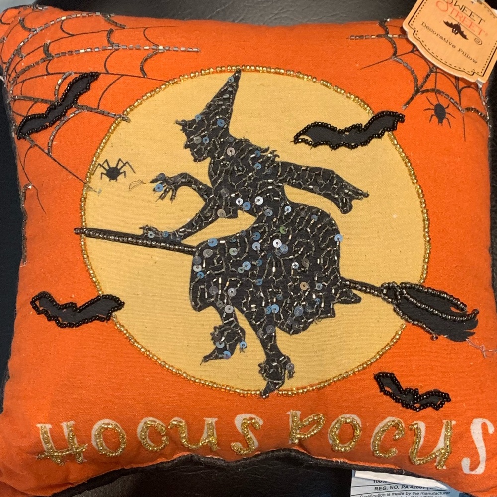 Halloween Pillow 12” Hocus Pocus Sequined Beaded Witch on Broom Over Full Moon